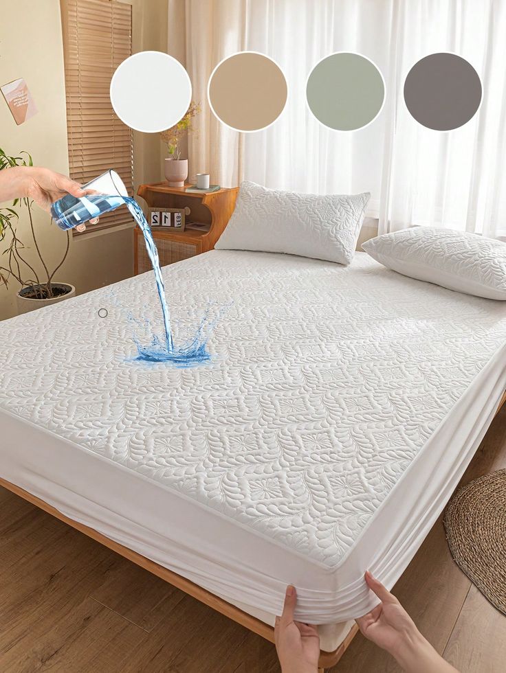 MAT Solid Colour Quilted Ultrasonic 100% Waterproof Mattress Cover For Double Bed Fitted Mattress Protector Anti Sleep Bed Sheet (White)